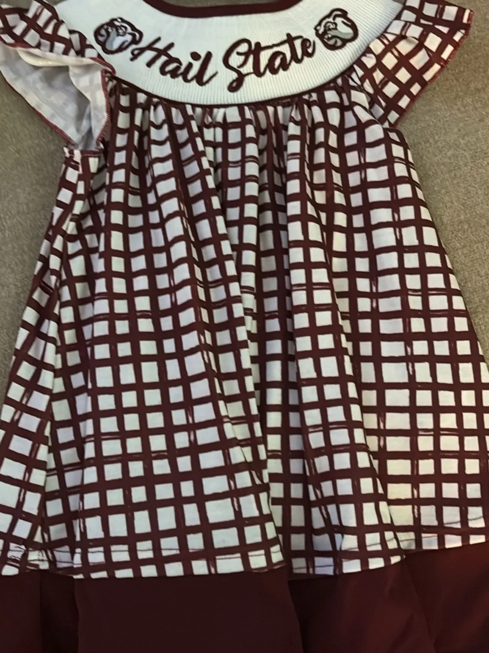 Mississippi Hail State Burgundy Grid Smocked Yoke Girls Dress